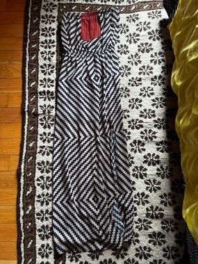 Strapless Navy & Tan Geometric Maxi Dress with Coral Accent